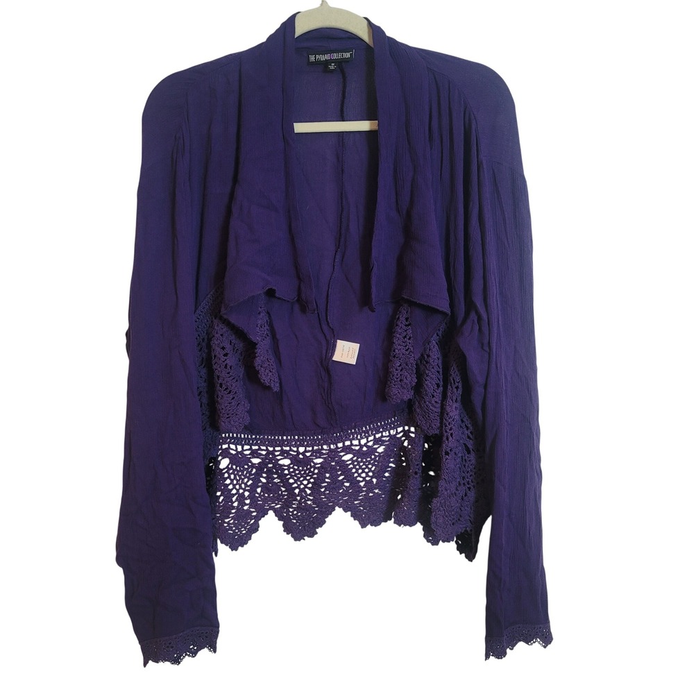 The Pyramid Collection Purple Crochet Lace Open Front Cardigan Medium Whimsigoth